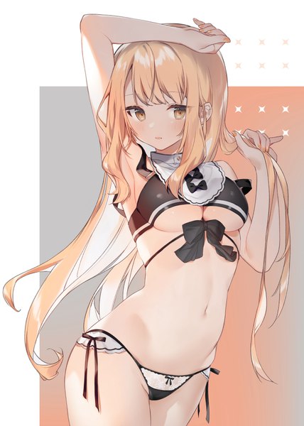 Anime picture 700x982 with original cona kinaco single long hair tall image blush fringe breasts light erotic simple background blonde hair large breasts standing holding yellow eyes looking away blunt bangs nail polish arm up fingernails