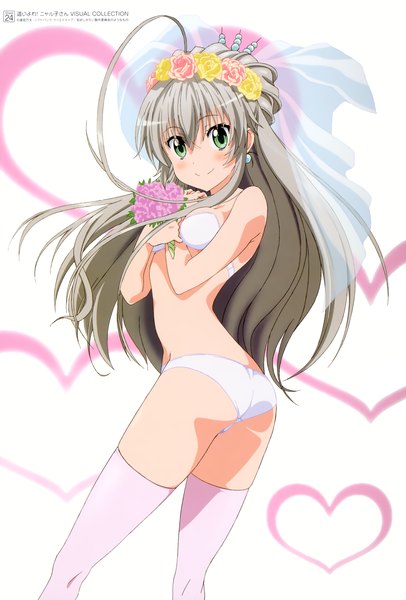 Anime picture 2088x3082 with haiyore! nyaruko-san nyaruko single long hair tall image looking at viewer blush highres light erotic simple background smile white background bare shoulders green eyes silver hair hair flower bare belly hand on chest bare back between breasts