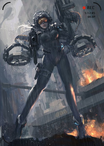 Anime picture 811x1137 with original wlop single long hair tall image standing white hair rain flying girl weapon headphones gun bodysuit fire goggles pistol cartridge helicopter camcorder