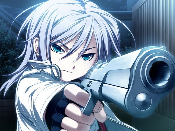 Anime picture 1024x768 with comu -kuroi ryuu to yasashii oukoku- izawa shuu blue eyes game cg white hair girl weapon gun pistol