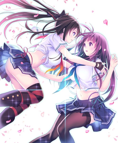 Anime picture 2121x2560 with valkyrie drive valkyrie drive -bhikkhuni- arms corporation kagurazaka ranka kagurazaka rinka mana kakkowarai long hair tall image blush fringe highres breasts open mouth blue eyes light erotic black hair simple background large breasts white background multiple girls