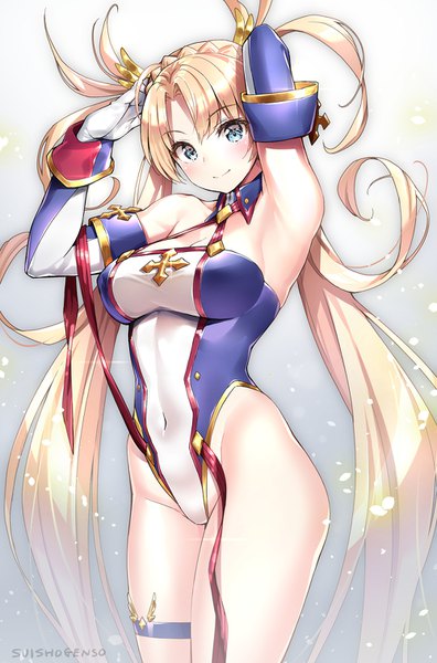Anime picture 1000x1516 with fate (series) fate/grand order bradamante (fate/grand order) suishougensou single long hair tall image looking at viewer blush breasts blue eyes light erotic simple background smile large breasts standing twintails bare shoulders signed cleavage