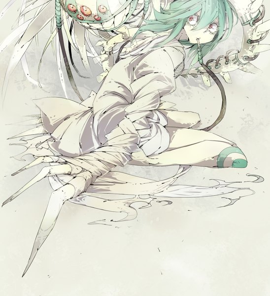 Anime picture 1200x1312 with original uki (artist) single long hair tall image smile red eyes sitting looking back barefoot green hair mouth hold bodypaint girl bandage (bandages) monster