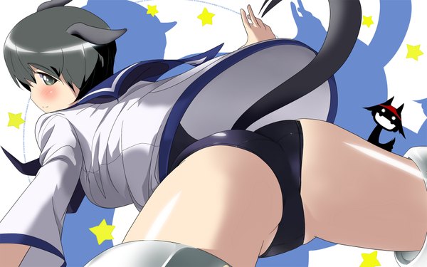 Anime picture 1920x1200 with strike witches luciana mazzei single blush highres short hair light erotic black hair wide image animal ears ass animal tail black eyes demon girl