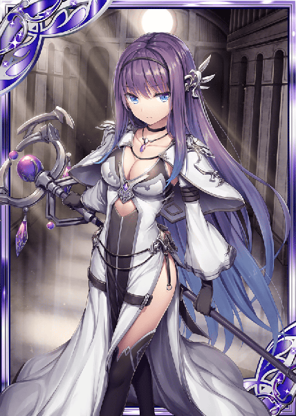 Anime picture 640x896 with shinkai no valkyrie aisling (shinkai no valkyrie) akkijin single long hair tall image looking at viewer fringe breasts blue eyes hair between eyes standing holding payot cleavage purple hair indoors sunlight wide sleeves side slit
