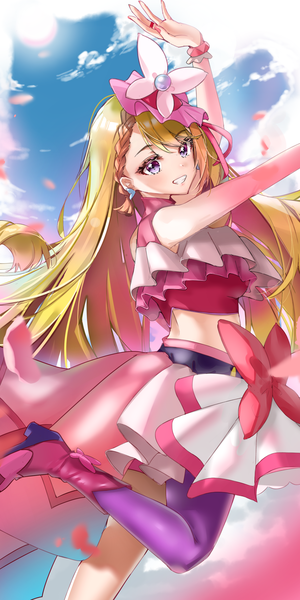 Anime picture 1721x3438 with precure hirogaru sky! precure toei animation hijiri ageha cure butterfly scup single long hair tall image highres blonde hair smile standing purple eyes looking away sky cloud (clouds) grin standing on one leg magical girl