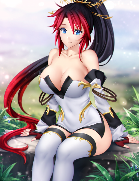 Anime picture 773x1000 with super robot wars super robot wars original generation nanbu kaguya gigamessy single tall image looking at viewer blush fringe breasts blue eyes light erotic black hair smile hair between eyes large breasts sitting bare shoulders signed payot