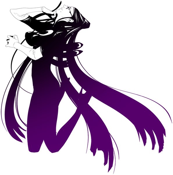 Anime picture 1041x1051 with bayonetta bayonetta (character) npn single tall image fringe breasts simple background large breasts white background purple hair bent knee (knees) very long hair parted lips profile multicolored hair short sleeves high heels adjusting hair monochrome