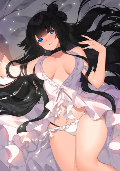 Anime picture 800x1134 with original roh nam kyung single long hair tall image looking at viewer blush fringe breasts blue eyes light erotic black hair large breasts bare shoulders lying blunt bangs braid (braids) parted lips on back hair bun (hair buns)