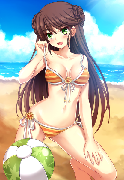 Anime picture 840x1217 with original tonee single long hair tall image breasts light erotic smile brown hair bare shoulders green eyes sky cleavage cloud (clouds) braid (braids) :d barefoot bare belly beach striped