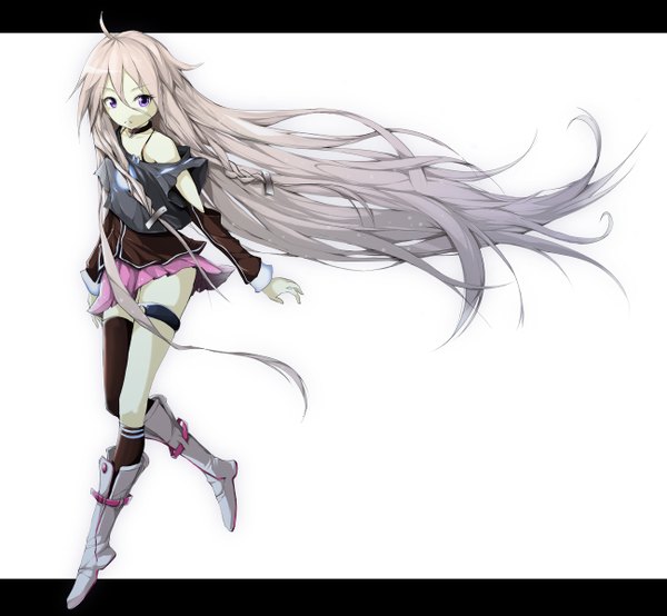 Anime picture 1298x1200 with vocaloid ia (vocaloid) solru (tyappygain) single long hair looking at viewer purple eyes bare shoulders pink hair pale skin weightlessness girl thighhighs hair ornament socks boots single thighhigh