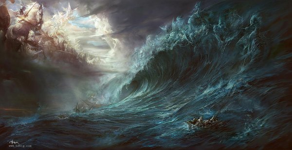 Anime picture 1167x600 with dehong he wide image cloud (clouds) magic knight storm weapon animal water sea armor dragon watercraft people wave (waves) ship horse boat