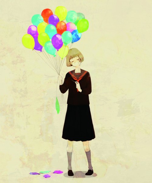 Anime picture 2500x3000 with original zonagris2 single tall image highres short hair simple background blonde hair standing holding eyes closed yellow background girl socks serafuku balloon