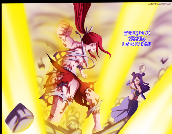 Anime picture 3500x2740 with fairy tail erza scarlet minerva orlando tongasart long hair highres blue eyes light erotic absurdres purple hair ponytail red hair inscription coloring torn clothes magic battle girl bow hair bow