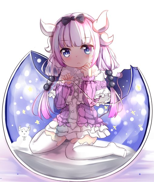 Anime picture 796x940 with kobayashi-san chi no maidragon kyoto animation kanna kamui eiba single long hair tall image looking at viewer blush blue eyes simple background white background sitting twintails purple hair horn (horns) loli zettai ryouiki fur trim wariza