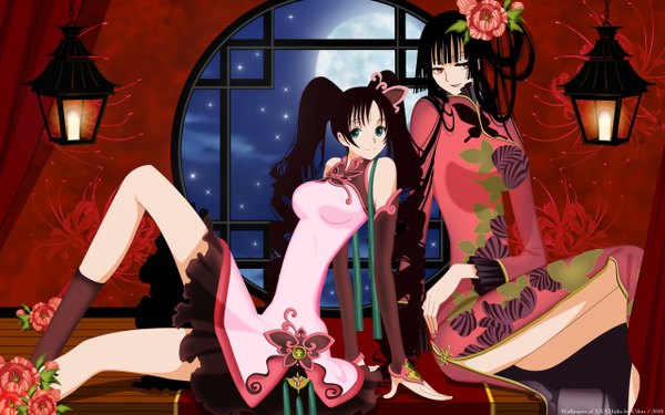 Anime picture 2560x1600 with xxxholic clamp ichihara yuuko kunogi himawari long hair highres black hair red eyes brown hair wide image twintails multiple girls hair flower aqua eyes night sky chinese clothes girl dress hair ornament flower (flowers)