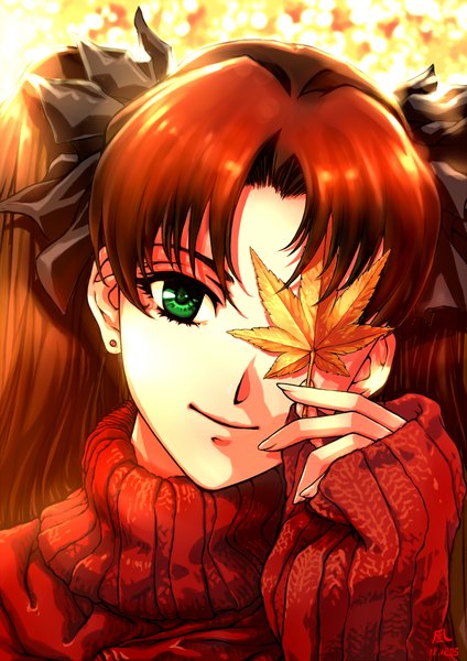 Anime picture 1600x2262 with fate (series) fate/stay night studio deen type-moon toosaka rin jian huang single long hair tall image black hair twintails green eyes girl earrings leaf (leaves) jewelry sweater