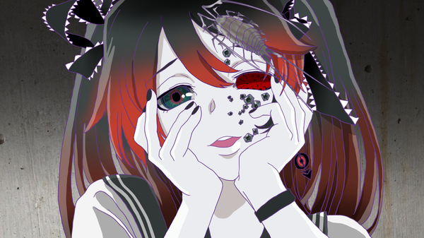 Anime picture 1280x720 with bacterial contamination (vocaloid) calcium single looking at viewer open mouth black hair smile wide image red hair nail polish multicolored hair gradient hair face pale skin parody creepy girl bow hair bow insect
