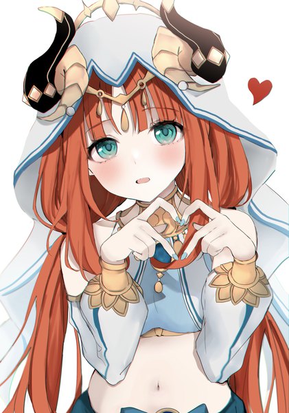 Anime picture 1958x2788 with genshin impact nilou (genshin impact) pof (peuplierpof) single long hair tall image looking at viewer blush fringe highres twintails red hair blunt bangs nail polish horn (horns) aqua eyes midriff low twintails blue nail polish heart hands