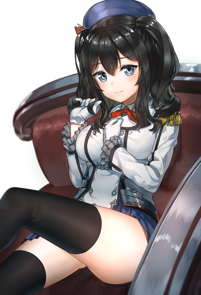 Anime picture 1700x2500 with kantai collection kashima training cruiser harumaki haruki single tall image looking at viewer blush fringe breasts blue eyes light erotic black hair simple background hair between eyes large breasts white background sitting twintails bent knee (knees) head tilt