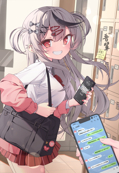 Anime picture 838x1222 with virtual youtuber hololive sakamata chloe quarterlift long hair tall image fringe smile hair between eyes red eyes indoors nail polish multicolored hair grey hair two side up streaked hair grin piercing ear piercing solo focus