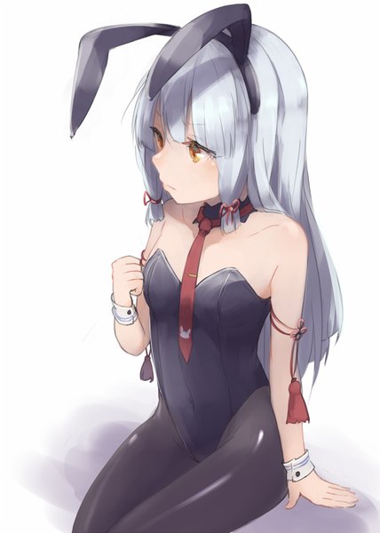 Anime picture 713x1000 with kantai collection murakumo destroyer makihitsuji single long hair tall image light erotic simple background sitting bare shoulders animal ears looking away from above grey hair grey background orange eyes bunny ears alternate costume fake animal ears tress ribbon