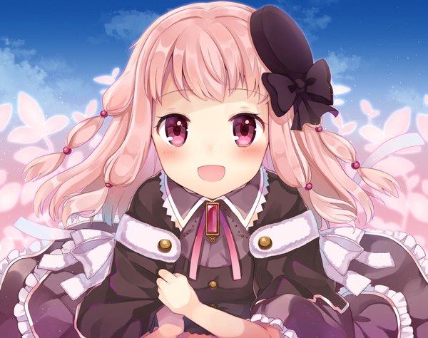 Anime picture 950x752 with mahou shoujo madoka magica magia record: mahou shoujo madoka magica gaiden shaft (studio) tamaki ui shikino (sikinonono) single long hair looking at viewer blush fringe open mouth smile pink hair sky cloud (clouds) outdoors :d pink eyes girl dress