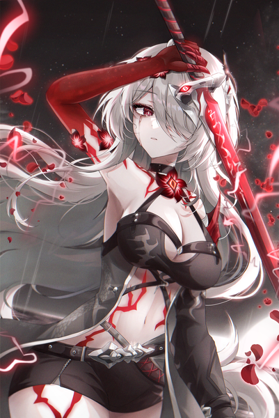Anime picture 2500x3741 with honkai: star rail honkai (series) acheron (honkai: star rail) ryunbi single long hair tall image looking at viewer fringe highres breasts light erotic red eyes large breasts standing holding cleavage arm up grey hair hair over one eye