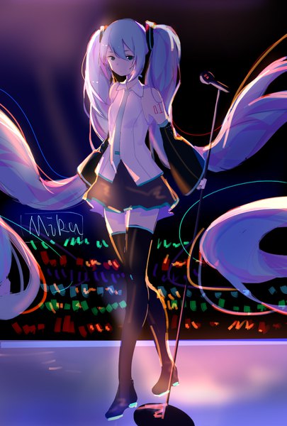 Anime picture 1181x1748 with vocaloid hatsune miku yan ge single tall image looking at viewer fringe hair between eyes standing twintails bare shoulders holding payot blue hair full body very long hair multicolored hair aqua eyes wide sleeves tattoo