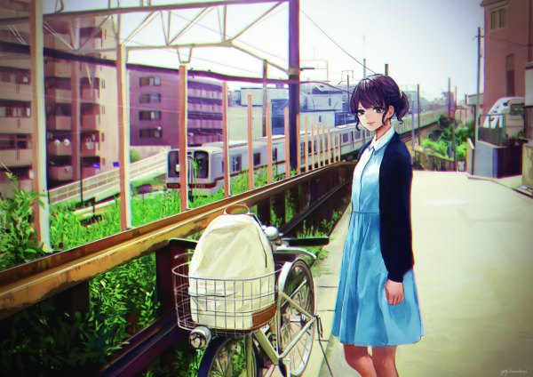 Anime picture 1200x848 with original yuji kazakiri single looking at viewer short hair purple hair black eyes city girl dress ground vehicle train bicycle