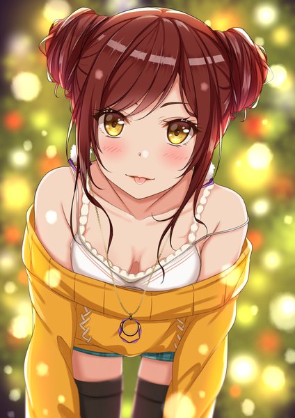 Anime picture 1191x1684 with idolmaster idolmaster shiny colors oosaki amana yuzuyu (hyui) single tall image looking at viewer blush fringe short hair breasts light erotic brown hair yellow eyes payot cleavage off shoulder hair bun (hair buns) leaning depth of field