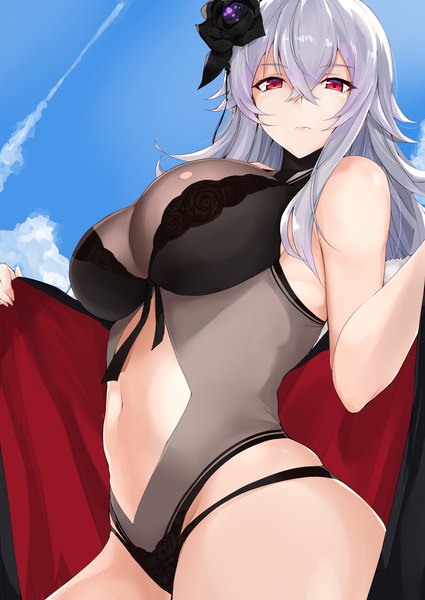 Anime picture 2507x3541 with azur lane graf zeppelin (azur lane) graf zeppelin (beachside urd) (azur lane) maruya1006 single long hair tall image looking at viewer fringe highres breasts light erotic hair between eyes red eyes large breasts standing sky silver hair cloud (clouds) outdoors