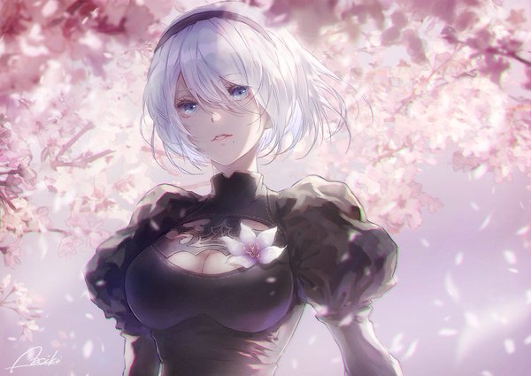 Anime picture 1800x1275 with nier nier:automata yorha no. 2 type b lira mist single fringe highres short hair blue eyes hair between eyes signed cleavage silver hair upper body mole puffy sleeves cherry blossoms mole under mouth girl flower (flowers)