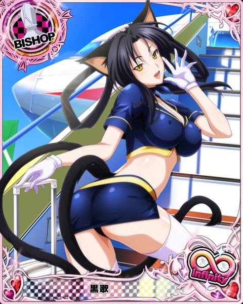 Anime picture 640x800 with highschool dxd kuroka (high school dxd) single long hair tall image looking at viewer breasts light erotic black hair animal ears yellow eyes tail animal tail cat ears cat girl cat tail card (medium) girl thighhighs skirt