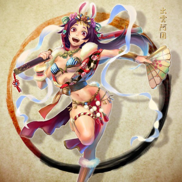 Anime picture 1200x1200 with original cj (artist) single long hair breasts open mouth light erotic red eyes animal ears purple hair tail animal tail inscription bunny ears outstretched arm hieroglyph leg lift (legs lift) bunny tail girl navel