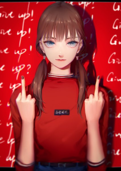 Anime picture 2150x3035 with original moss (2225028) single long hair tall image fringe highres blue eyes brown hair twintails upper body nail polish shadow text low twintails red background english black nail polish clothes writing !