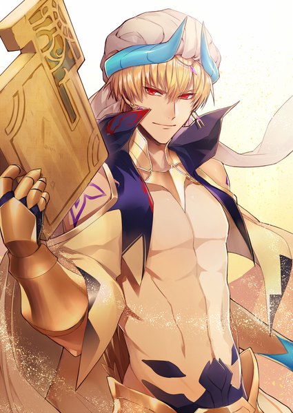 Anime picture 700x989 with fate (series) fate/grand order gilgamesh (fate) gilgamesh (caster) (fate) nitaka (fujikichi) single tall image looking at viewer fringe short hair blonde hair hair between eyes red eyes holding upper body sand boy earrings headdress armor