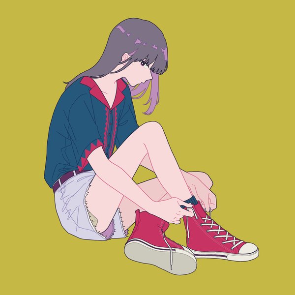 Anime picture 2894x2894 with original shi oo single long hair looking at viewer highres simple background sitting full body profile grey hair yellow background casual tying girl shoes shorts short shorts sneakers white shorts