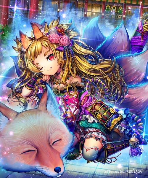 Anime picture 833x1000 with sengoku saga ells (ellsat) single long hair tall image looking at viewer fringe blonde hair smile red eyes sitting animal ears outdoors tail animal tail one eye closed hair flower wink off shoulder sparkle