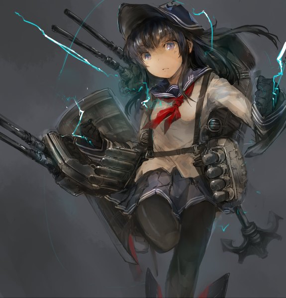 Anime picture 1150x1200 with kantai collection akatsuki destroyer cus-tom single long hair tall image looking at viewer blue eyes black hair electricity girl skirt gloves weapon miniskirt pantyhose black gloves gun cap sailor suit