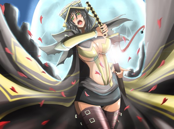 Anime picture 4822x3582 with league of legends master yi (league of legends) torahime (roland00) single long hair looking at viewer highres breasts light erotic black hair large breasts green eyes absurdres genderswap girl weapon sword katana helmet