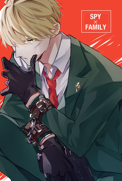 Anime picture 1181x1748 with spy x family twilight (spy x family) arrive single tall image fringe short hair blonde hair hair between eyes green eyes looking away copyright name red background boy gloves weapon black gloves necktie gun suit