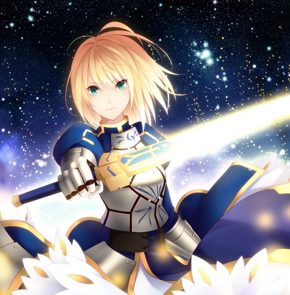 イラスト 3818x3877 と Fateシリーズ フェイト/ゼロ type-moon アルトリア・ペンドラゴン セイバー 玖条イチソ ソロ 長身像 highres 短い髪 金髪 緑の目 absurdres 女の子 ドレス 武器 剣 鎧 エクスカリバー