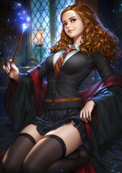 Anime picture 800x1132 with harry potter hermione granger nudtawut thongmai single long hair tall image looking at viewer smile brown hair sitting holding brown eyes indoors lips realistic off shoulder wide sleeves no shoes magic watermark