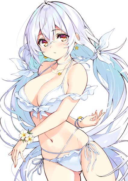 Anime picture 708x1000 with cu-no rapua qive hisenkaede single long hair tall image looking at viewer blush fringe breasts light erotic simple background hair between eyes large breasts standing white background twintails yellow eyes payot cleavage