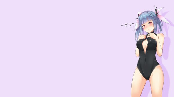Anime picture 1500x844 with kantai collection i-19 submarine minagiku single long hair looking at viewer breasts light erotic red eyes wide image standing twintails blue hair cleavage bare legs wallpaper purple background girl navel hair ornament