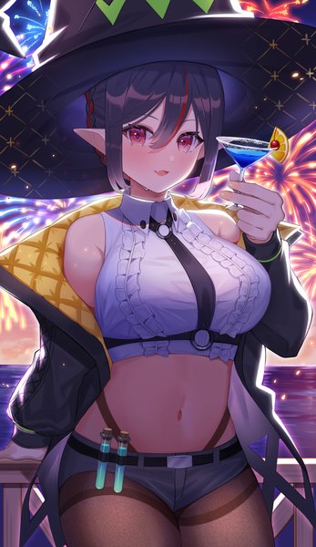 Anime picture 2500x4325 with virtual youtuber indie virtual youtuber isonade orca amahara subaru single tall image looking at viewer blush fringe highres short hair breasts light erotic black hair smile hair between eyes red eyes large breasts bare shoulders holding