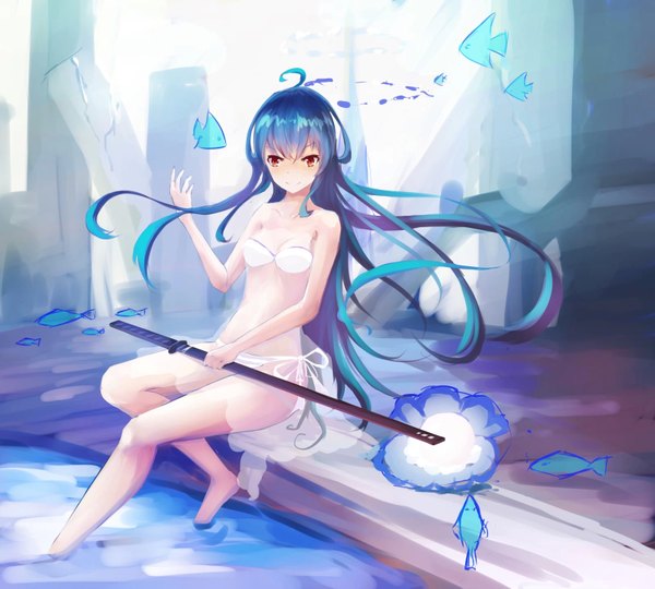 Anime picture 1600x1441 with .l.l single long hair looking at viewer blush fringe breasts light erotic smile red eyes sitting blue hair barefoot bare legs legs girl underwear panties swimsuit bikini