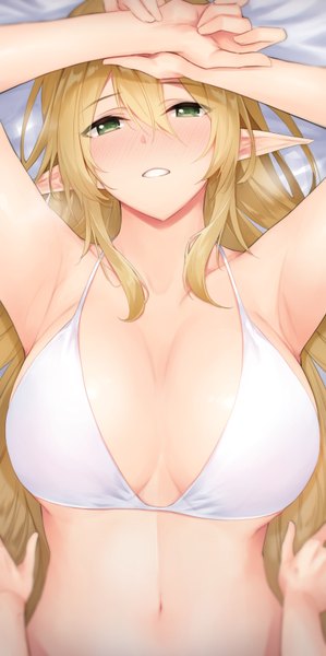 Anime picture 826x1654 with original anza tomo long hair tall image looking at viewer fringe breasts light erotic blonde hair hair between eyes large breasts green eyes payot upper body lying parted lips from above pointy ears arms up armpit (armpits)