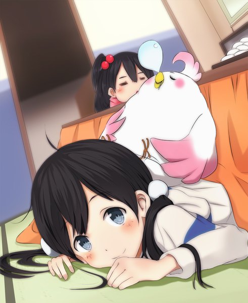 Anime picture 818x1000 with tamako market kyoto animation kitashirakawa tamako kitashirakawa anko dera mochimazzui peanuts (ennuim) long hair tall image blush blue eyes black hair multiple girls lying eyes closed one side up under the table girl hair ornament 2 girls animal